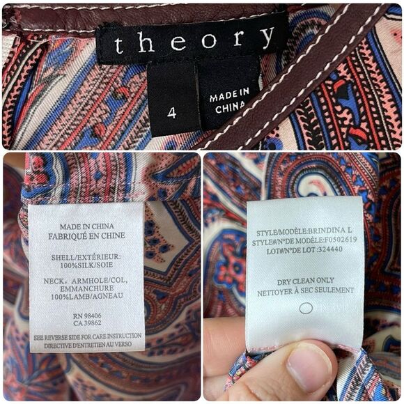 Theory Brindina Veranda Silk Leather Trim Paisley Print Shift Dress - Picture 9 of 12